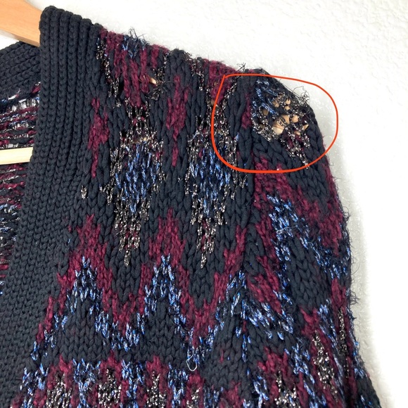 Lucky Brand Button Up Chunky Knit Cardigan Sweater M Fair Isle Black Metallic - Picture 9 of 16